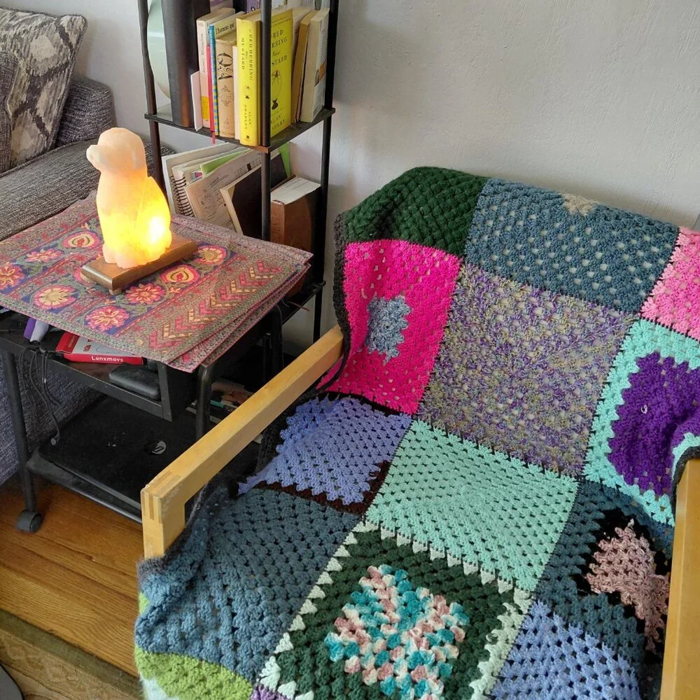 Vintage 70s Crochet Granny Square Panels Handmade Afghan Blanket Retro Boho
